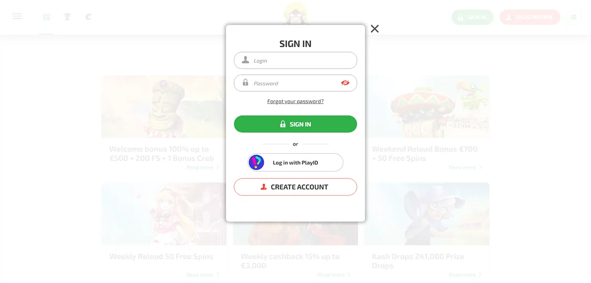 English sign-in popup with username and password input fields, a green “Sign in” button, a “Forgot your password?” link, PlayID login option, and a “Create account” button, displayed over a blurred online casino homepage background.