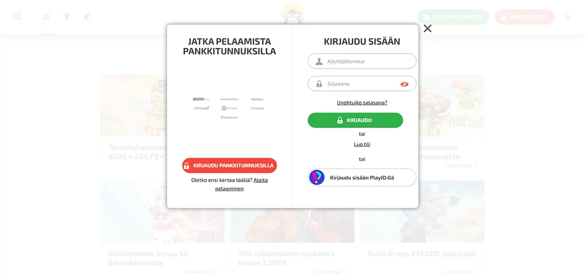 Finnish login modal with two sections: bank ID login on the left and standard account login on the right, featuring username and password fields, a green “Kirjaudu” (Log in) button, bank login options, PlayID sign-in, and links for account creation, shown over a blurred online casino homepage background.