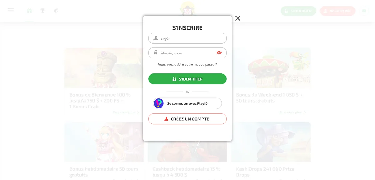 French sign-up and login popup with fields for username and password, a green “S’identifier” (Sign in) button, a “Mot de passe oublié ?” (Forgot password) link, PlayID connection option, and a “Créez un compte” (Create account) button, shown over a blurred online casino homepage background.