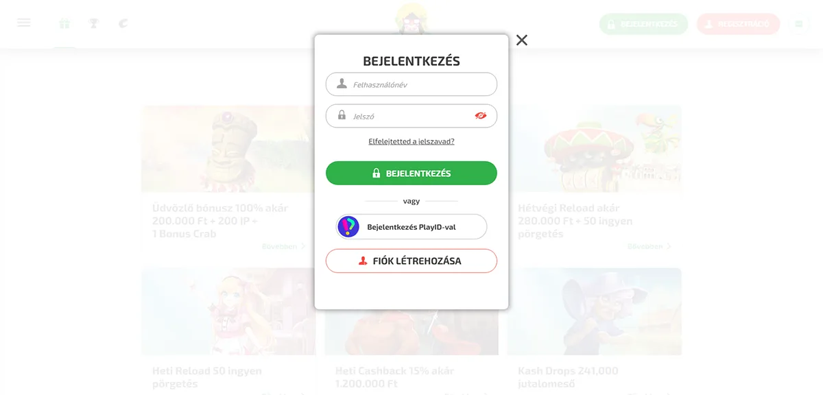 Hungarian login popup with fields for username and password, a green “Bejelentkezés” (Log in) button, an “Elfelejtetted a jelszavad?” (Forgot password) link, PlayID login option, and a “Fiók létrehozása” (Create account) button, displayed over a blurred online casino homepage background.
