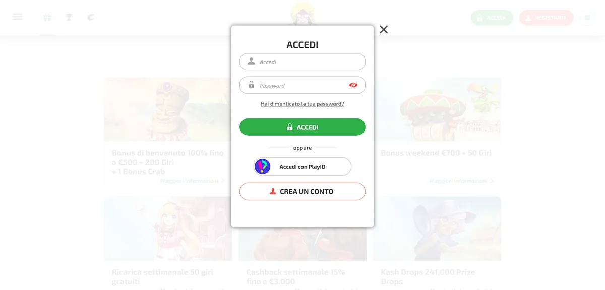 Italian login popup with fields for username and password, a green “Accedi” (Sign in) button, PlayID login option, and a “Crea un conto” (Create account) button, displayed over a blurred online casino homepage background.
