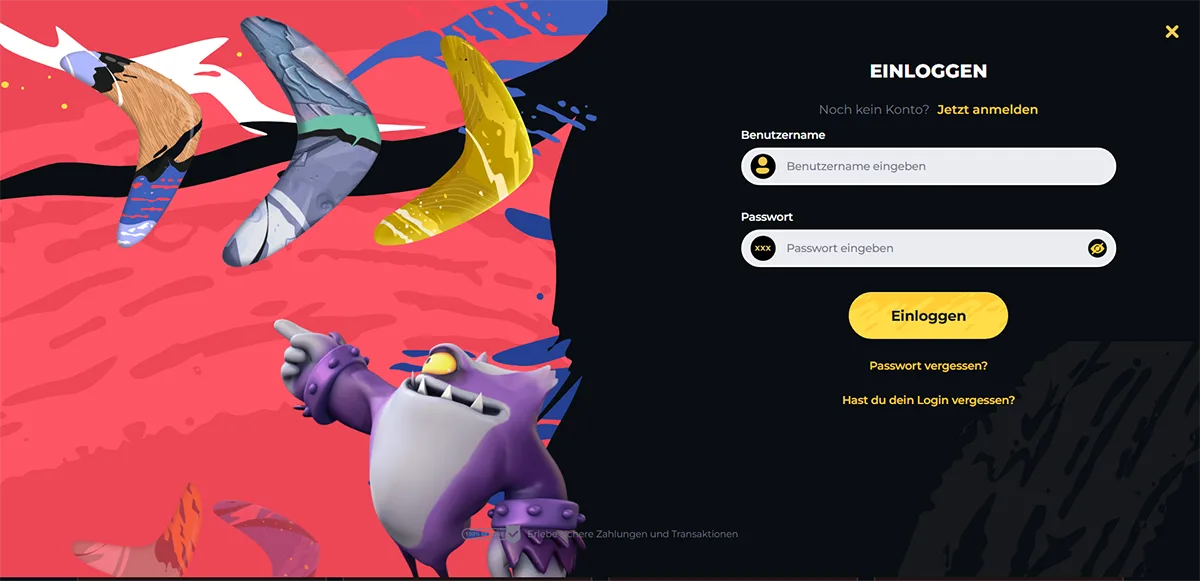 German login page with a colorful illustrated background featuring cartoon boomerangs and a purple character, alongside a dark login panel with username and password fields, a yellow “Einloggen” (Log in) button, and links for password or login recovery.