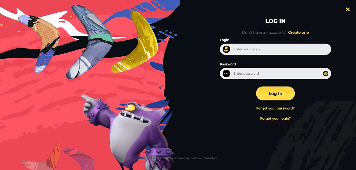 English login page with a colorful illustrated background featuring cartoon boomerangs and a purple character, alongside a dark login panel with login and password fields, a yellow “Log In” button, and links for password or login recovery.