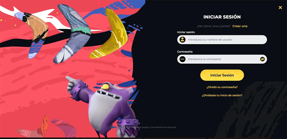 Spanish login page with a colorful illustrated background featuring cartoon boomerangs and a purple character, alongside a dark login panel with username and password fields, a yellow “Iniciar sesión” (Log in) button, and links for password or username recovery.