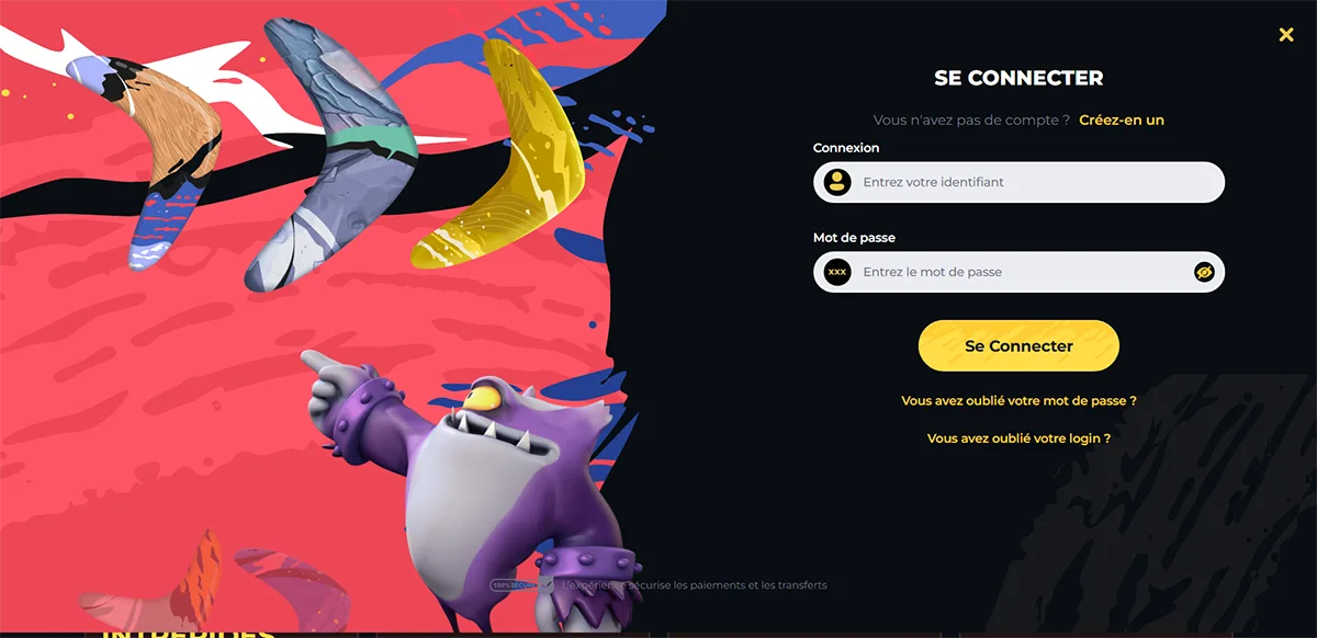 French login page with a colorful illustrated background featuring cartoon boomerangs and a purple character, alongside a dark login panel with username and password fields, a yellow “Se connecter” (Log in) button, and links for password or login recovery.