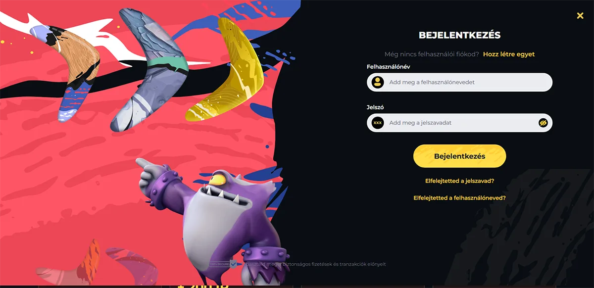 Hungarian login page with a colorful illustrated background featuring cartoon boomerangs and a purple character, alongside a dark login panel with username and password fields, a yellow “Bejelentkezés” (Log in) button, and links for password or username recovery.