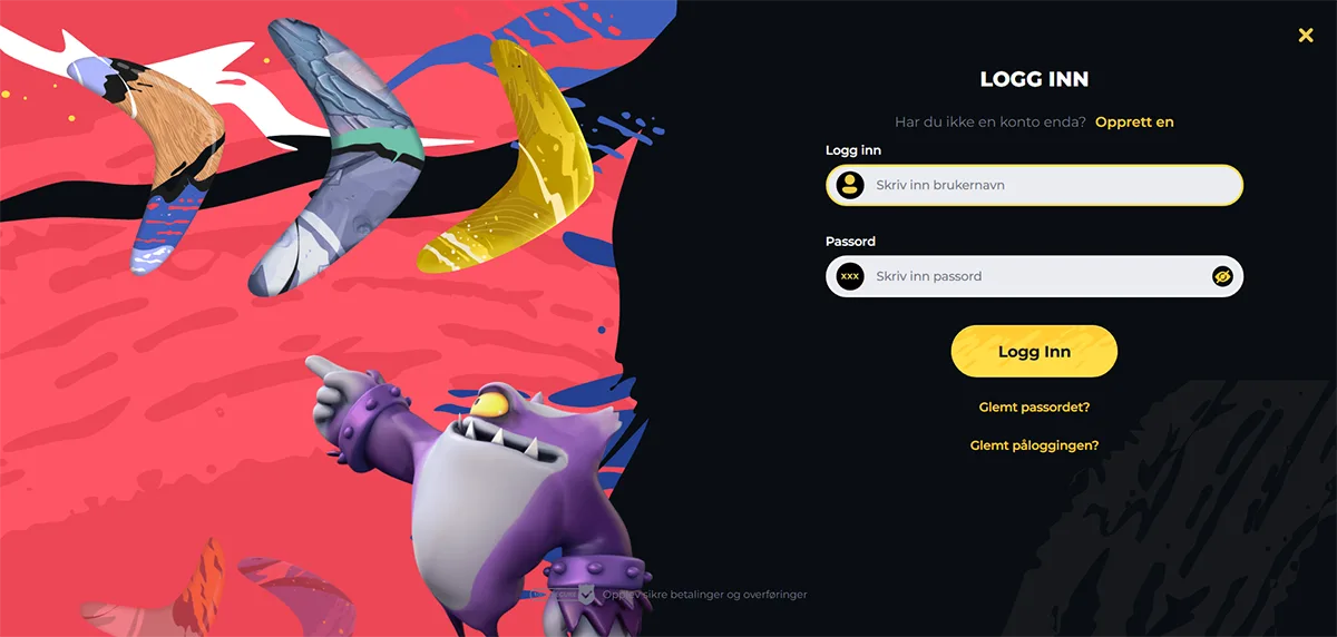 Norwegian login page with a colorful illustrated background featuring cartoon boomerangs and a purple character, alongside a dark login panel with username and password fields, a yellow “Logg inn” (Log in) button, and links for password or login recovery.