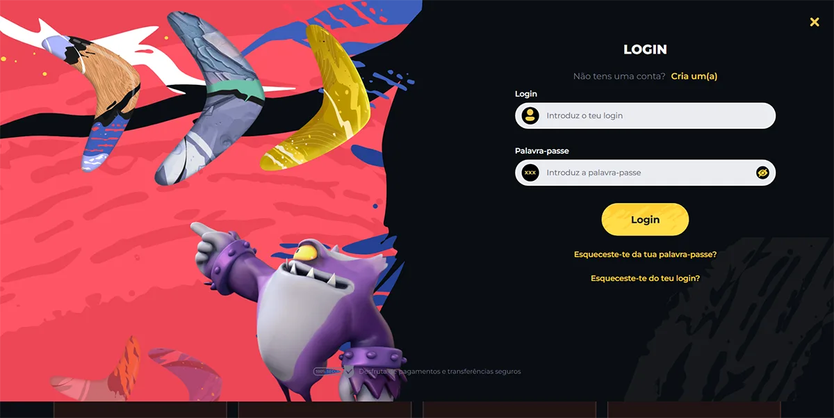 Portuguese login page with a colorful illustrated background featuring cartoon boomerangs and a purple character, alongside a dark login panel with login and password fields, a yellow “Login” button, and links for password or login recovery.