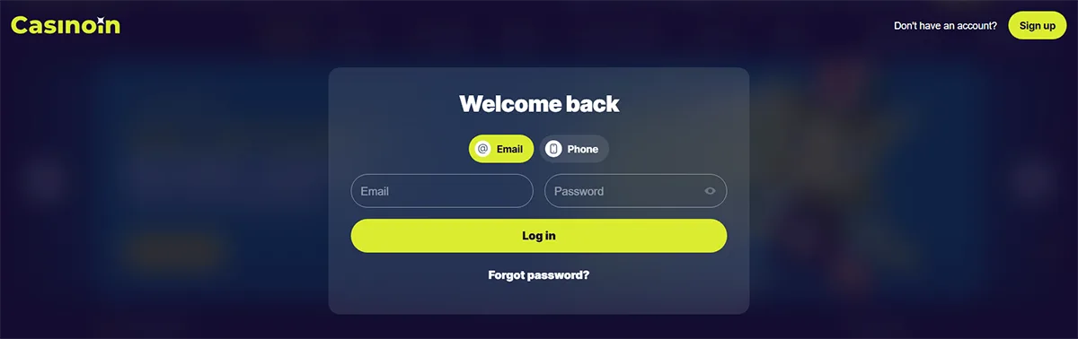 Casino login screen with “Welcome back” message, email and password fields, email or phone login toggle, bright yellow Log in button, forgot password link, and a dark gradient background with Casinon branding