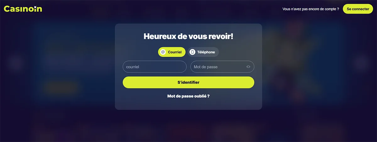 Casino login screen in French with “Heureux de vous revoir !” message, email or phone login toggle, email and password fields, bright yellow “S’identifier” button, forgot password link, and a dark gradient background with Casinon branding