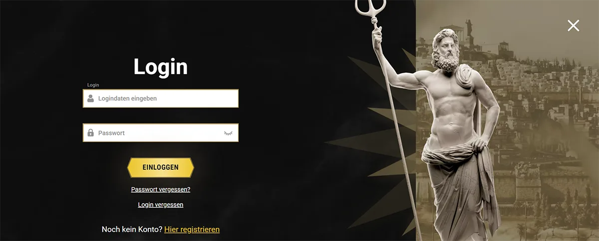 Casino website login screen in German with username and password fields, gold “Einloggen” button, password and login recovery links, registration option, and a classical statue holding a trident on the right against a dark themed background