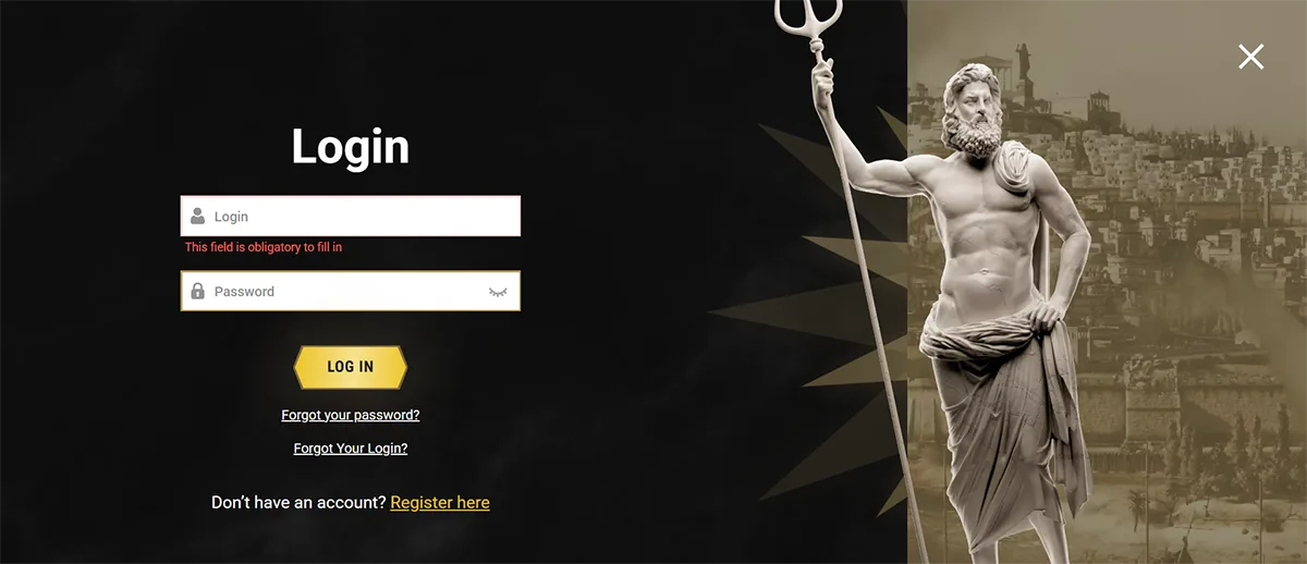 Casino website login screen in English with username and password fields, gold “Log in” button, password and login recovery links, registration option, validation message under the username field, and a classical statue holding a trident on the right against a dark themed background