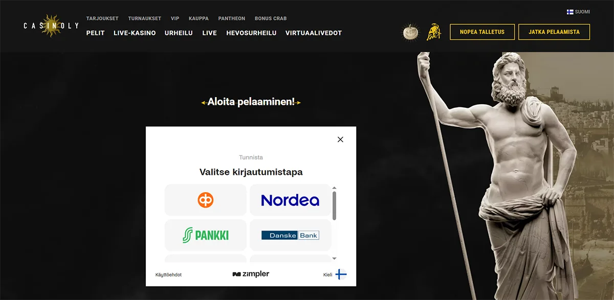 Casino website login screen in Finnish with a bank identification popup showing multiple bank options, quick deposit and continue playing buttons, and a classical statue holding a trident on the right against a dark themed casino interface