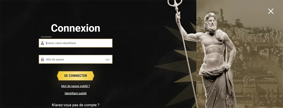 Casino website login screen in French with username and password fields, gold “Se connecter” button, password and username recovery links, registration prompt, and a classical statue holding a trident on the right against a dark themed background