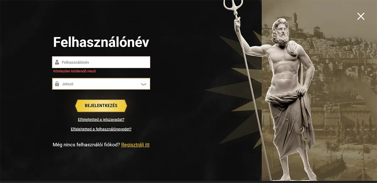 Casino website login screen in Hungarian with username and password fields, gold “Bejelentkezés” button, password and username recovery links, registration option, validation message under the username field, and a classical statue holding a trident on the right against a dark themed background