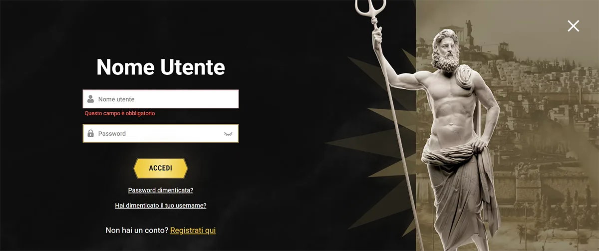 Casino website login screen in Italian with username and password fields, gold “Accedi” button, password and username recovery links, registration option, and a classical statue holding a trident on the right against a dark themed background