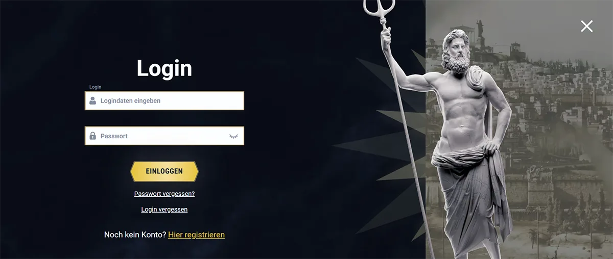 Casino website login screen in German with username and password fields, gold “Einloggen” button, password and login recovery links, registration option, and a classical statue holding a trident on the right against a dark themed background