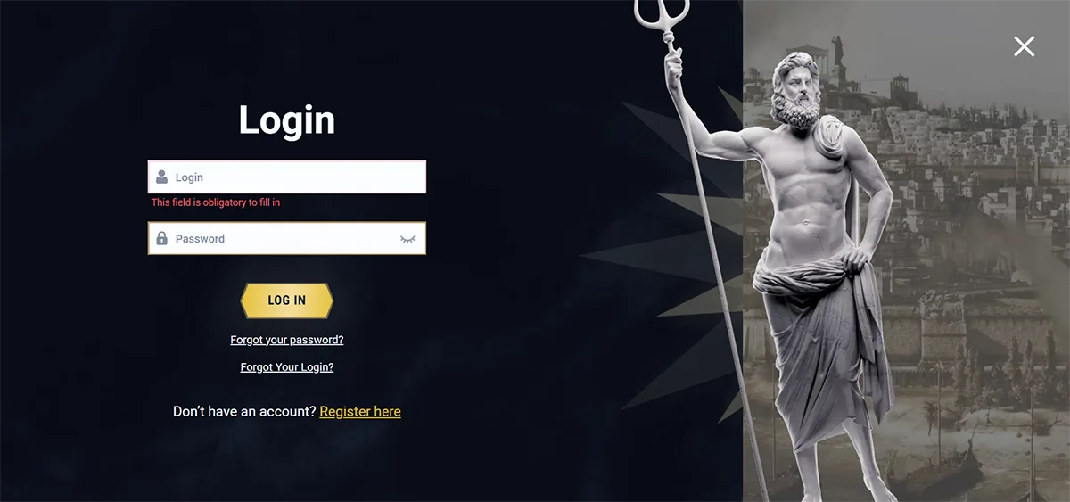 Casino website login screen in English with username and password fields, gold “Log in” button, password and login recovery links, registration option, validation message under the username field, and a classical statue holding a trident on the right against a dark themed background