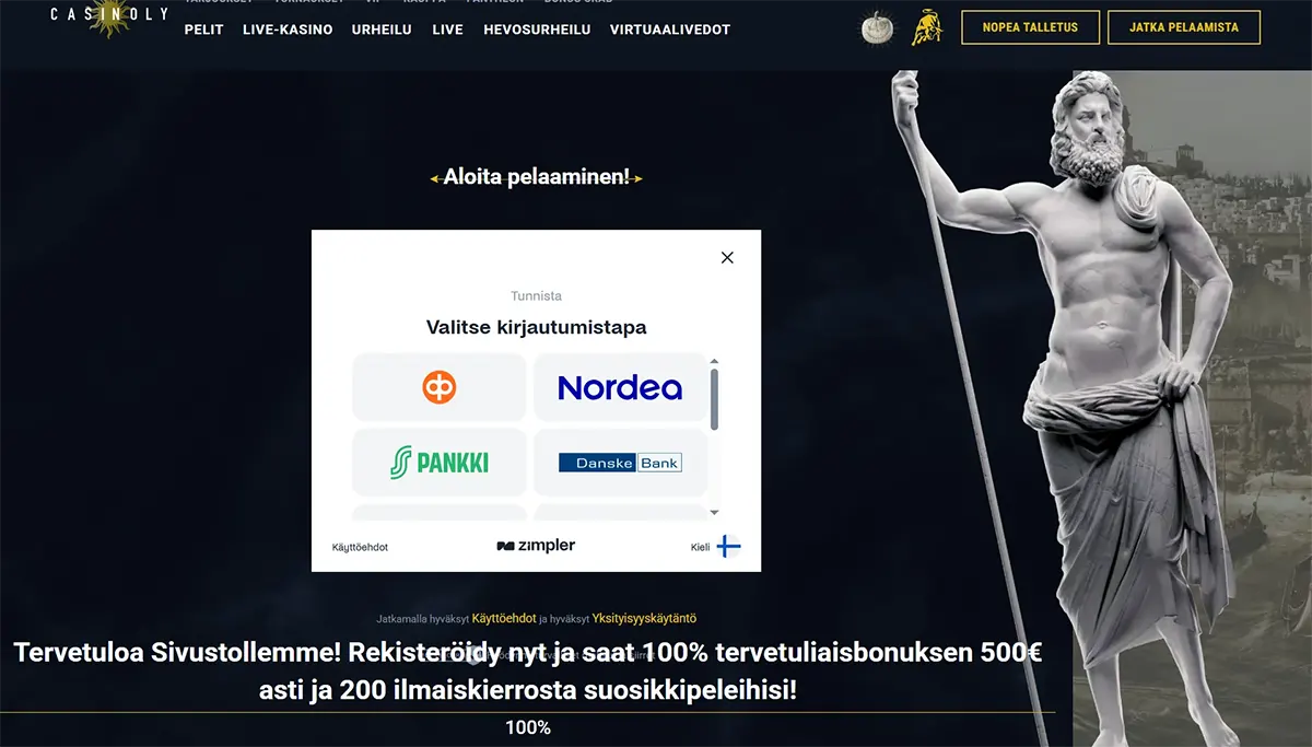 Casino website login and registration screen in Finnish with a bank identification popup showing multiple Finnish banks, welcome bonus banner text, quick deposit and continue playing buttons, and a classical statue holding a trident on the right against a dark themed casino background