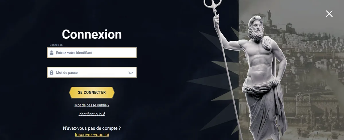 Casino website login screen in French with username and password fields, gold “Se connecter” button, password and username recovery links, registration option, and a classical statue holding a trident on the right against a dark themed background