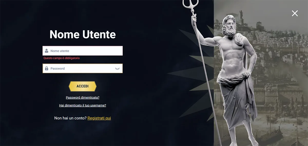 Casino website login screen in Italian with username and password fields, gold “Accedi” button, password and username recovery links, registration option, validation message under the username field, and a classical statue holding a trident on the right against a dark themed background