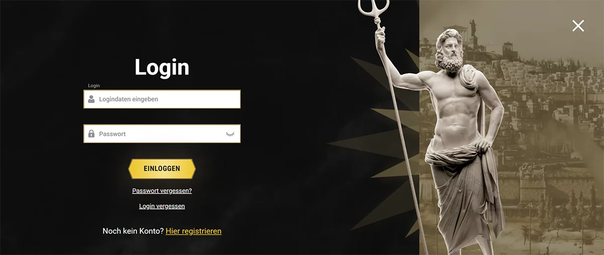 German-language casino login screen with a dark, elegant theme. On the left is a “Login” form with fields for “Logindaten eingeben” (username) and “Passwort”, a gold “Einloggen” button, and links for “Passwort vergessen?”, “Login vergessen”, and registration (“Hier registrieren”). On the right, a large classical statue holding a trident stands in front of a sepia-toned city backdrop, with a close (X) icon in the top-right corner.