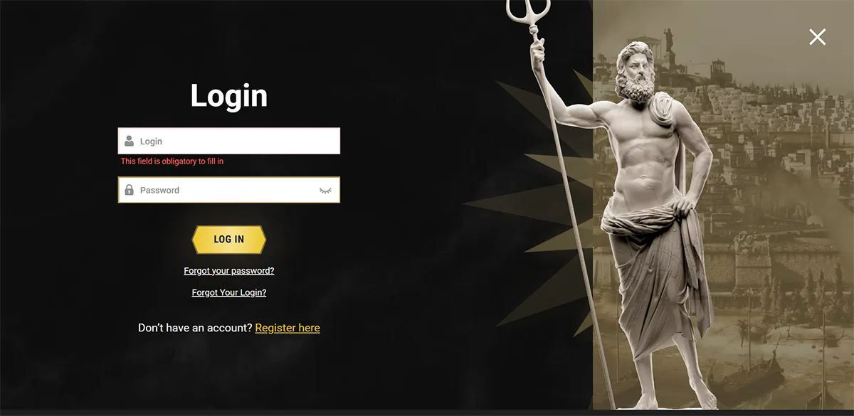 English-language casino login screen with a dark, premium theme. On the left is a “Login” form with fields for Login and Password; the username field shows a red validation message “This field is obligatory to fill in.” Below is a gold “LOG IN” button, links for “Forgot your password?”, “Forgot Your Login?”, and a registration prompt “Register here.” On the right, a large classical statue holding a trident stands against a sepia-toned city backdrop, with a close (X) icon in the top-right corner.