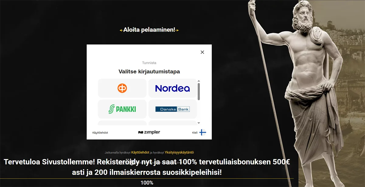 Casino website registration and login screen in Finnish with a bank identification popup showing multiple Finnish banks, welcome bonus banner text offering a 100% bonus up to €500 and 200 free spins, and a classical statue holding a trident on the right against a dark themed background
