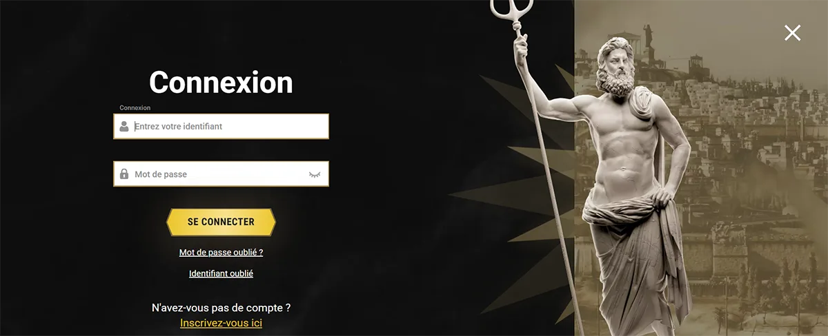 French-language casino login screen with a dark theme, featuring a “Connexion” form on the left (username and password fields, “Se connecter” button, links for forgotten password and username, and a registration link), and a classical statue holding a trident on the right against a sepia-toned city background, with a close icon in the top-right corner.