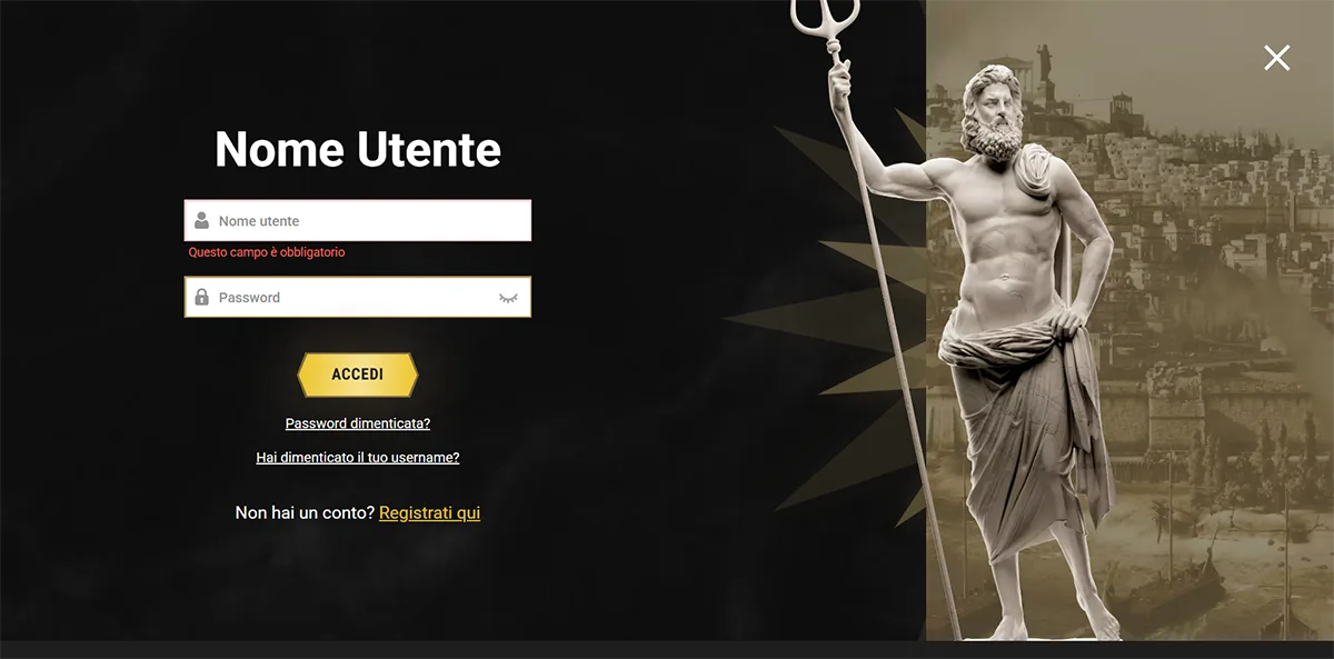 Casino website login screen in Italian with username and password fields, gold “Accedi” button, password and username recovery links, registration option, validation message under the username field, and a classical statue holding a trident on the right against a dark themed background