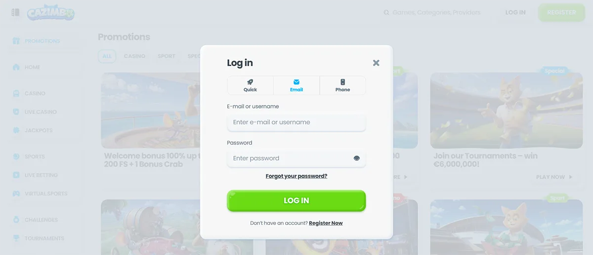 This English-language casino login popup allows users to quickly access their account by entering an email address or username and password, switch between quick, email, or phone login methods, recover forgotten credentials via a dedicated link, and proceed using a prominent green “Log In” button, while also clearly inviting new players to create an account through the “Register Now” option displayed beneath the form.