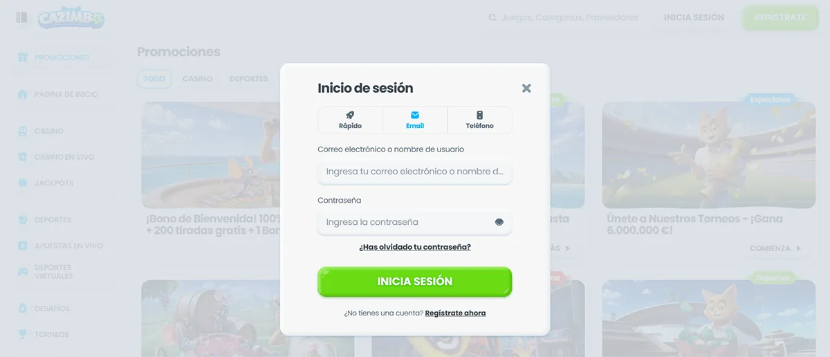 This is a Spanish-language casino login modal that allows users to sign in using an email address or username and password, switch between quick, email, or phone login tabs, recover a forgotten password, and proceed via a highly visible green “Inicia sesión” button, with a secondary option to register a new account directly from the same interface.