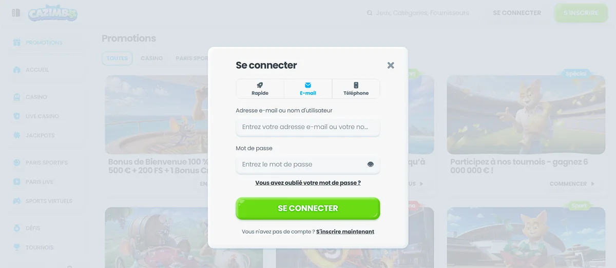 This French-language casino login window lets players sign in using an email address or username and password, switch between quick, email, or phone authentication tabs, recover a forgotten password, and access their account through a prominent green “Se connecter” button, with a clear option to register instantly if they do not yet have an account.