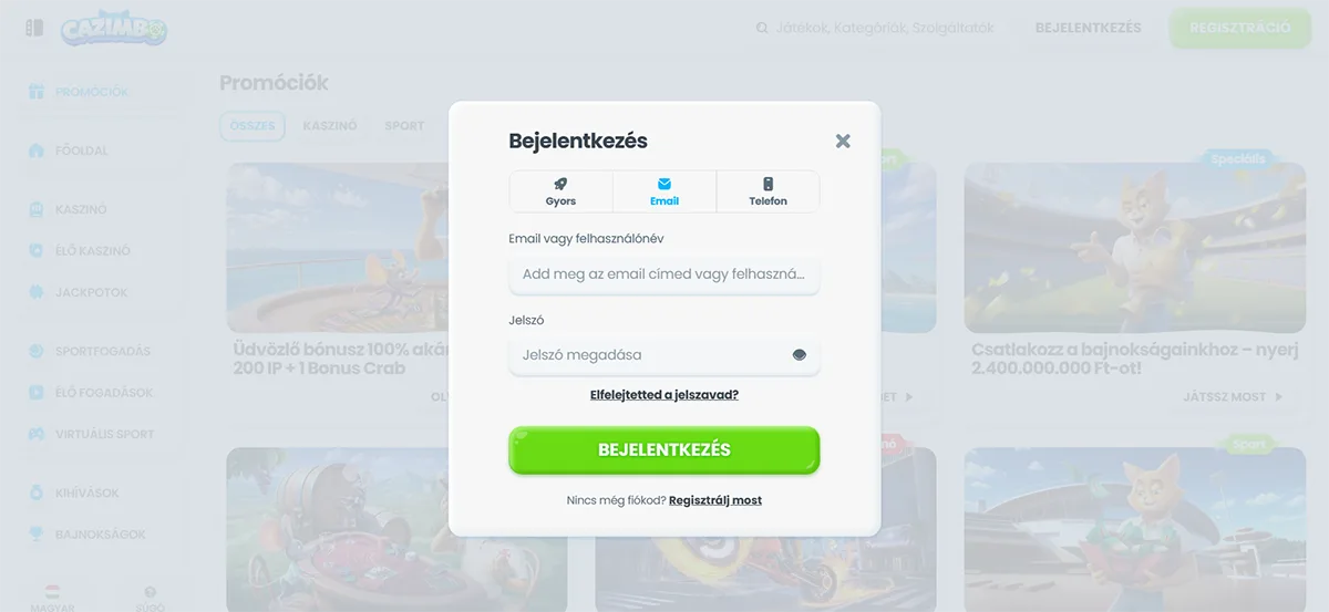 This is a Hungarian-language casino login popup where users can sign in using an email address or username and password, recover a forgotten password, or proceed to account registration via a prominent green “Bejelentkezés” (Log In) button.