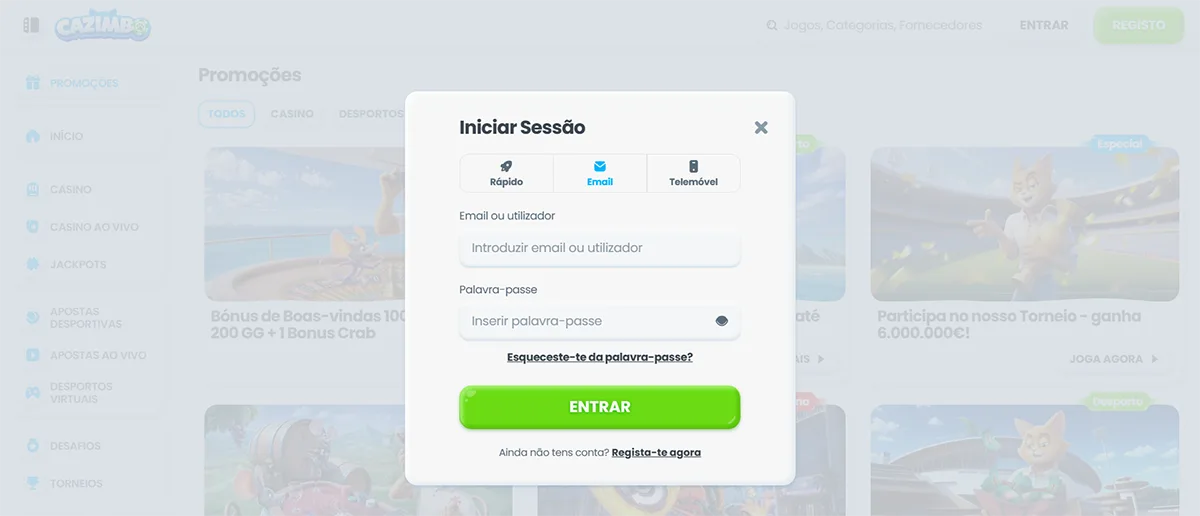 This Portuguese-language casino login modal lets players sign in using an email or username and password, switch between quick, email, or mobile login options, recover a forgotten password, and access their account via a prominent green “Entrar” button, with a clear secondary prompt encouraging new users to register instantly if they do not yet have an account.