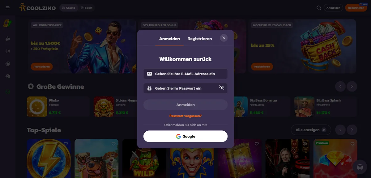 German-language casino login popup with email and password fields, sign-in button, password recovery link, and Google login option over a dark, blurred gaming homepage.