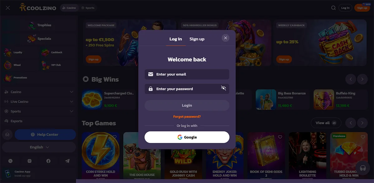 Dark-themed casino homepage with a centered login popup showing email and password fields, “Login” button, password recovery link, and Google sign-in option over a blurred games interface.