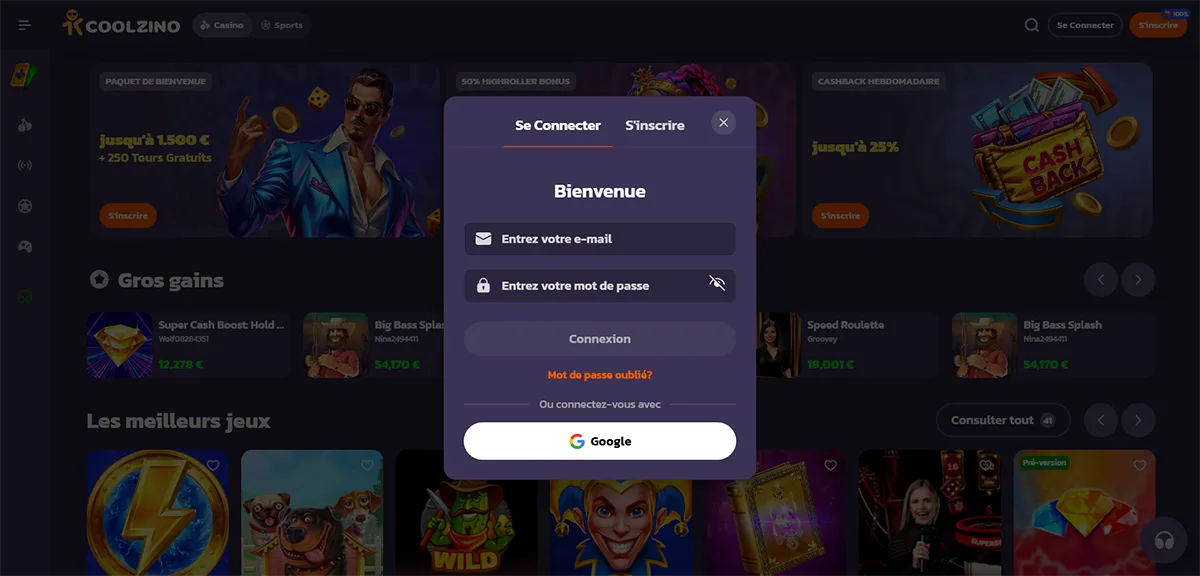 French-language casino login popup with email and password fields, “Connexion” button, password recovery link, and Google sign-in option displayed over a dark, blurred casino homepage.