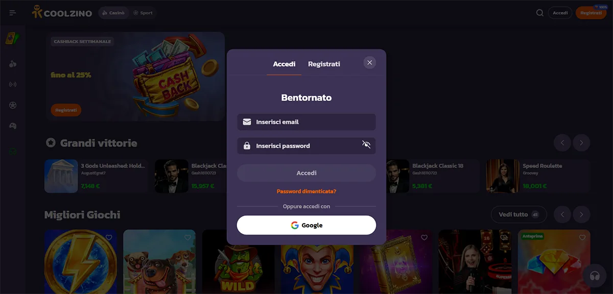 Italian-language casino login popup with email and password fields, “Accedi” button, password recovery link, and Google sign-in option shown over a dark, blurred casino homepage.
