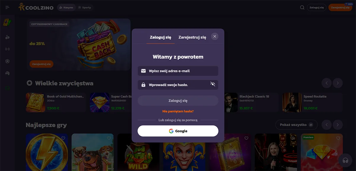 Casino website login modal in Polish showing email and password fields, a “Log in” button, and Google sign-in option over a dark-themed gaming interface.