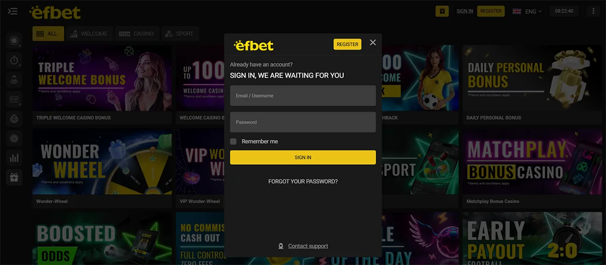 Efbet casino login popup in English with email or username and password fields, a yellow “Sign in” button, remember-me checkbox, and password recovery link displayed over a dark sportsbook and casino homepage.