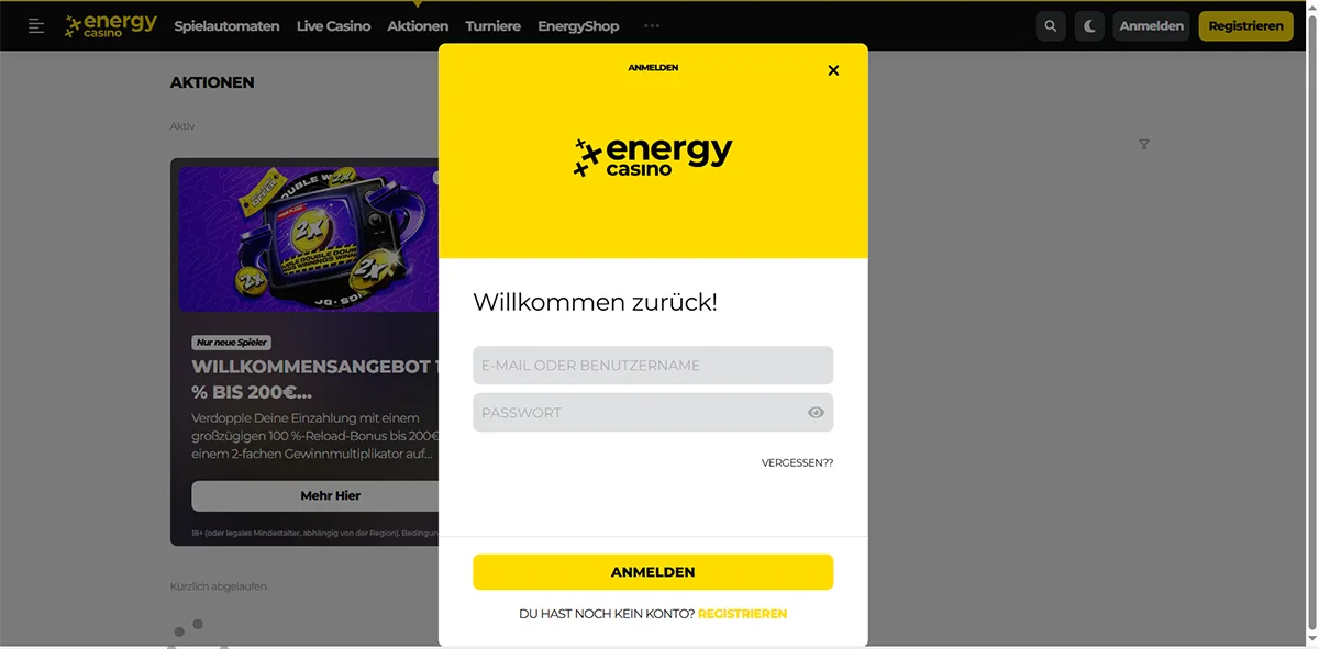 German-language Energy Casino login popup with email or username and password fields, a yellow “Anmelden” button, password recovery link, and registration option shown over an active promotions page.