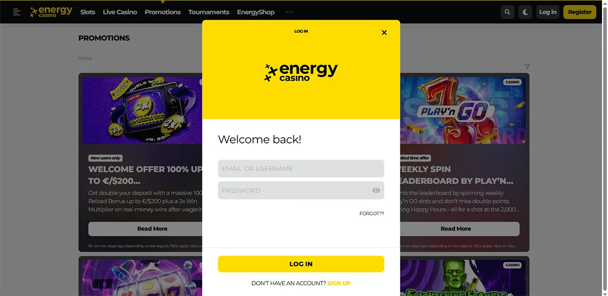 English-language Energy Casino login popup with email or username and password fields, a yellow “Log in” button, password recovery link, and sign-up option shown over a promotions page.