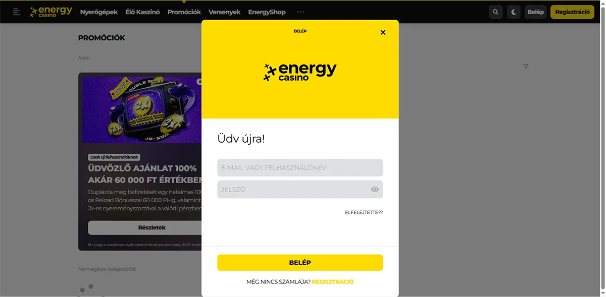 Hungarian-language Energy Casino login popup with email or username and password fields, a yellow “Belép” sign-in button, password recovery link, and registration option displayed over a promotions page.