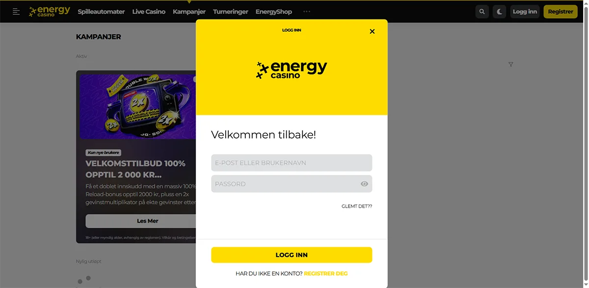 Norwegian-language Energy Casino login popup with email or username and password fields, a yellow “Logg inn” button, password recovery link, and registration option displayed over a campaigns page.