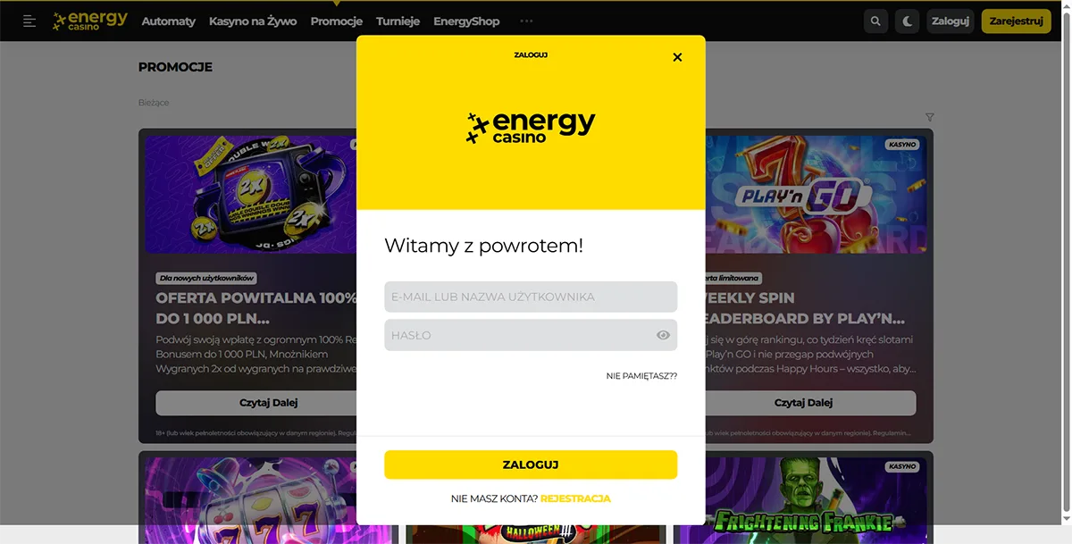 Polish-language Energy Casino login popup with email or username and password fields, a yellow “Zaloguj” sign-in button, password recovery link, and registration option displayed over the promotions page.