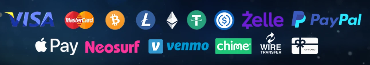 Banner dei metodi di pagamento con carte, portafogli elettronici e criptovalute