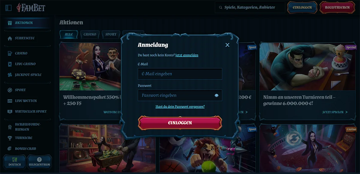 German-language FamBet casino login popup with email and password fields, a red “Einloggen” button, password recovery link, and registration prompt shown over a dark-themed promotions page with casino and sports banners.
