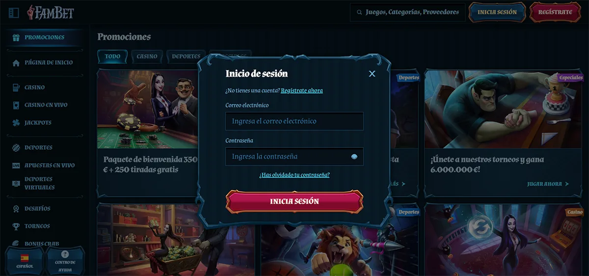 Spanish-language FamBet casino login popup with email and password fields, a red “Inicia sesión” button, password recovery link, and registration prompt displayed over a dark-themed promotions page with casino and sports banners.