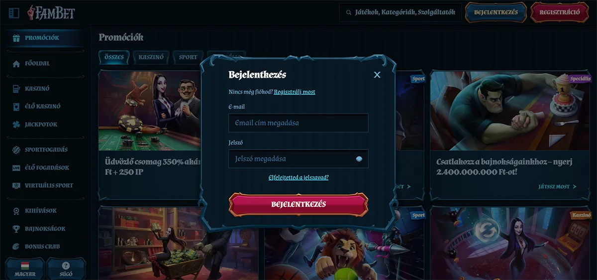 Hungarian-language FamBet casino login popup with email and password fields, a red “Bejelentkezés” button, password recovery link, and registration prompt displayed over a dark-themed promotions page with casino and sports banners.